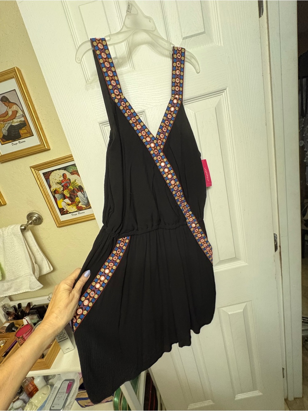 Xhilaration Black Sleeveless Romper with Multicolor Embroidered Trim